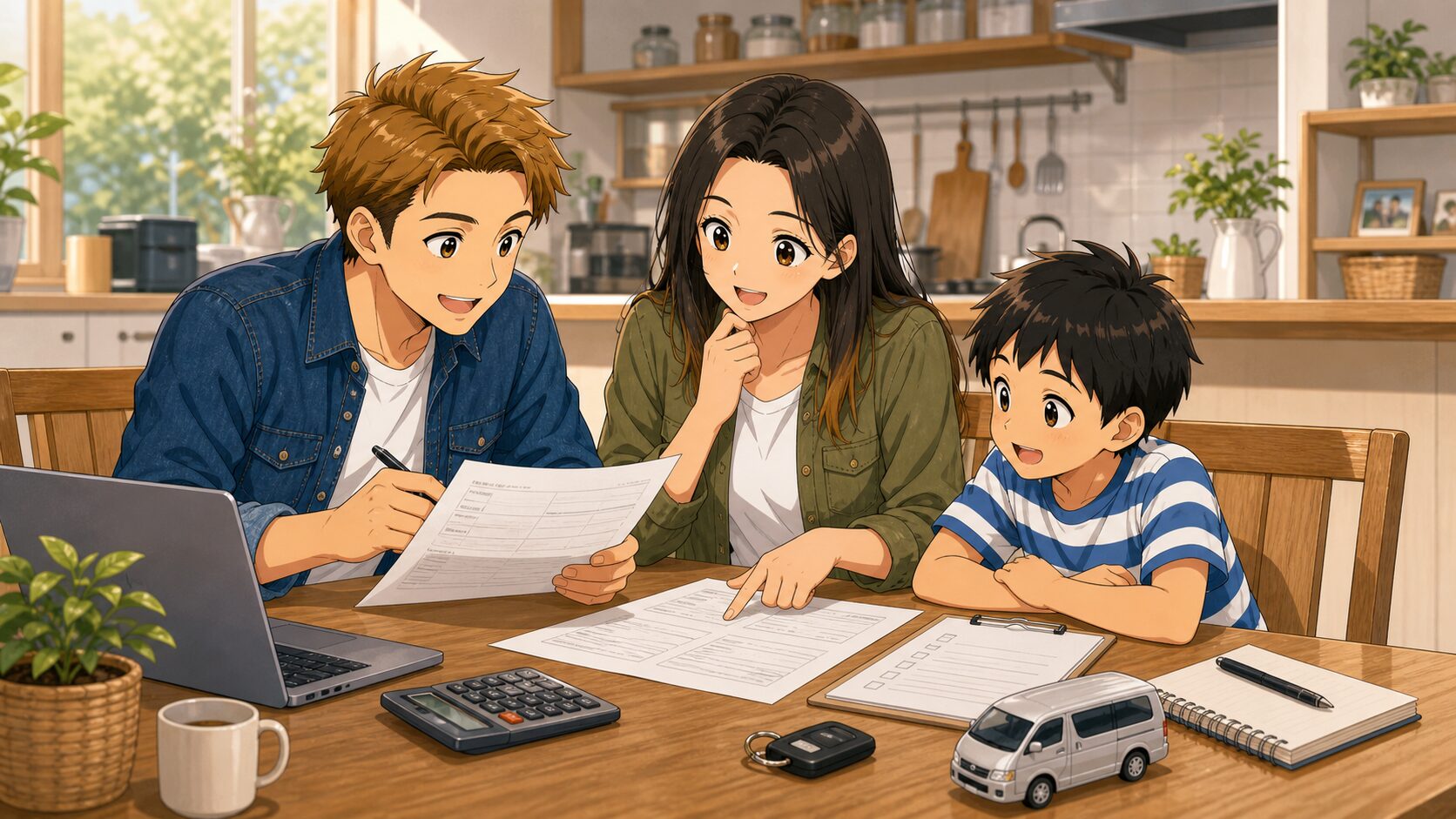 今の車の売却額や下取り額を家族で確認している様子