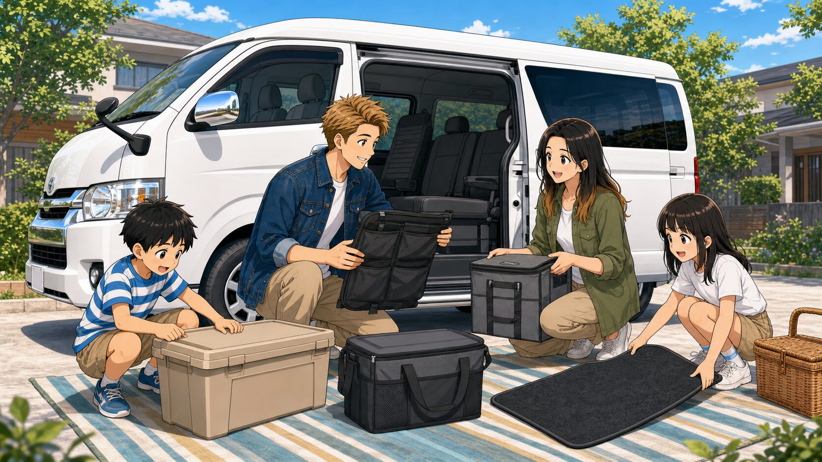 ハイエースワゴンGLのカスタム記録として収納用品や便利装備を家族で確認している様子