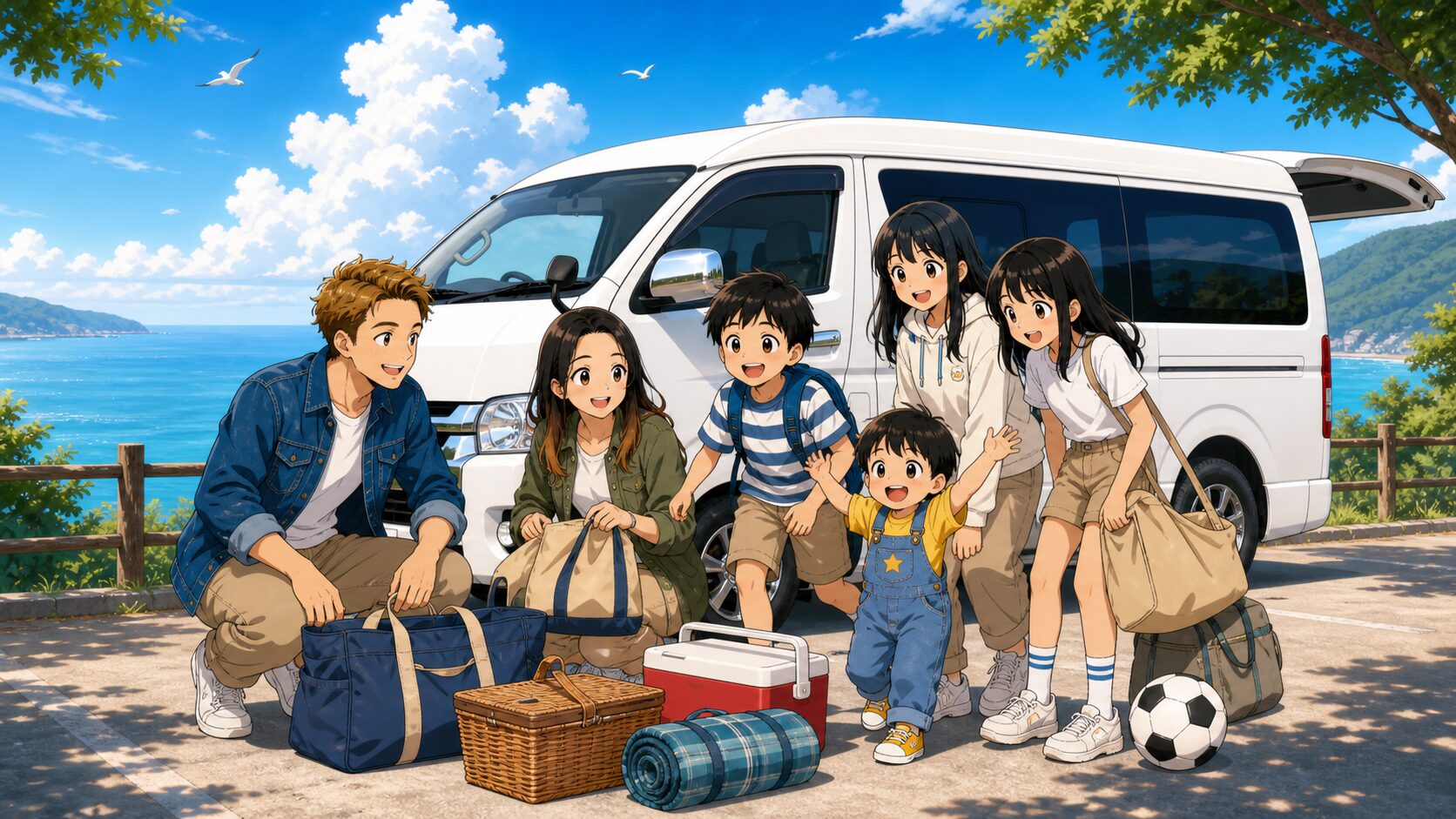 6人家族でハイエースワゴンGLに荷物を積んでお出かけする様子