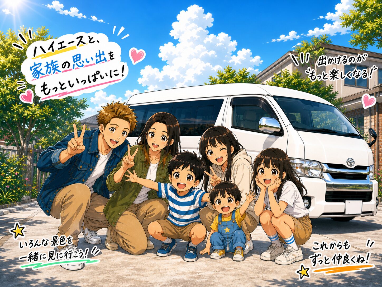 ハイエースワゴンGLに乗り換えた6人家族のキャラクターイラスト